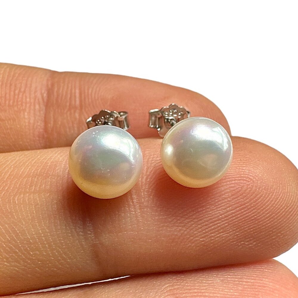 Share 8mm Freshwater Pearl Stud Earrings 925 Sterling Silver Rhodium Plated Whit